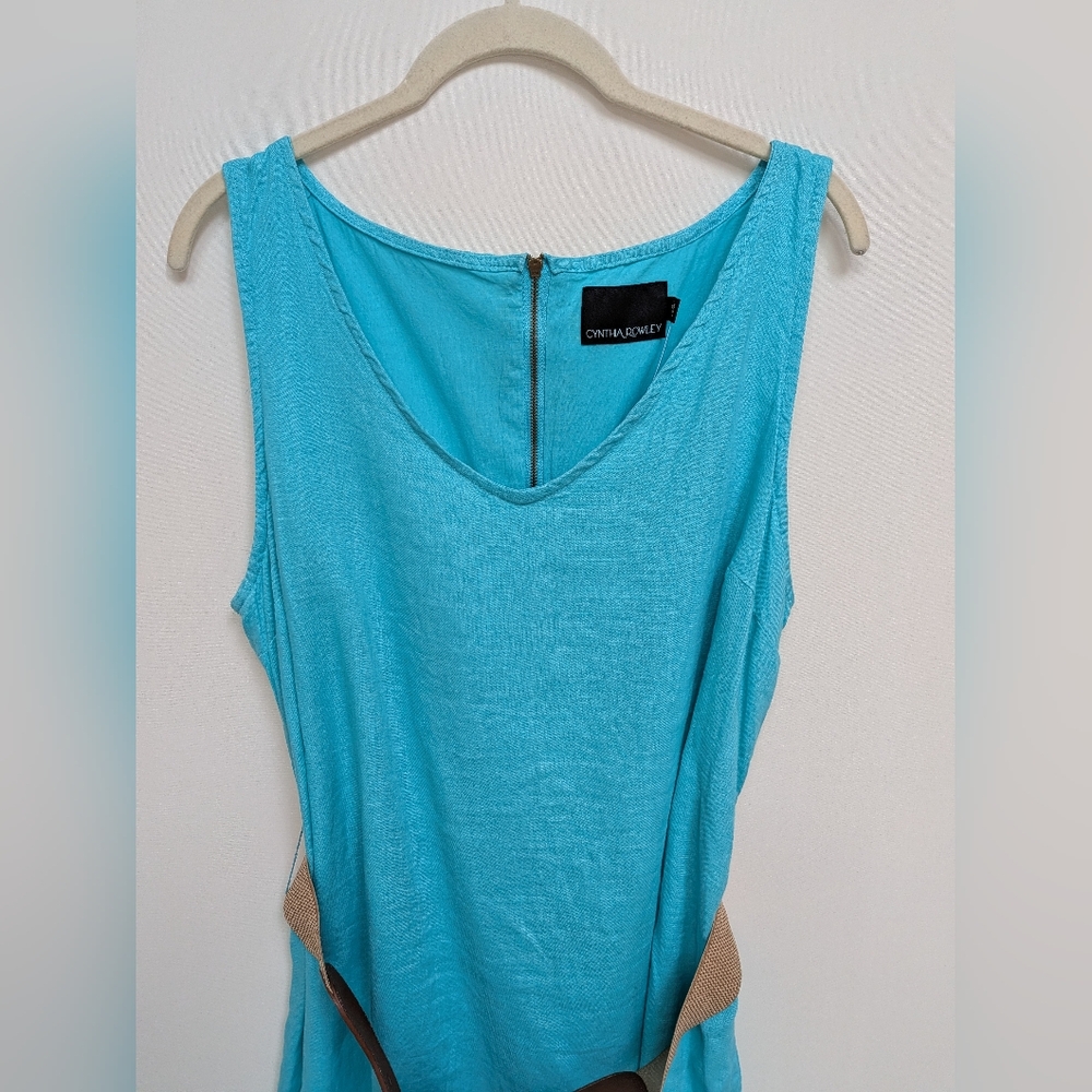NEW Cynthia Rowley Blue 100% Linen Belted Sleeveless High Low Dress Size 14 - Picture 3 of 13